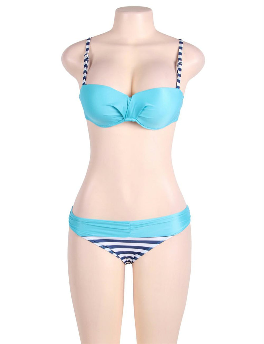 Blue Striped Padded Gather Push-up Bikini Set