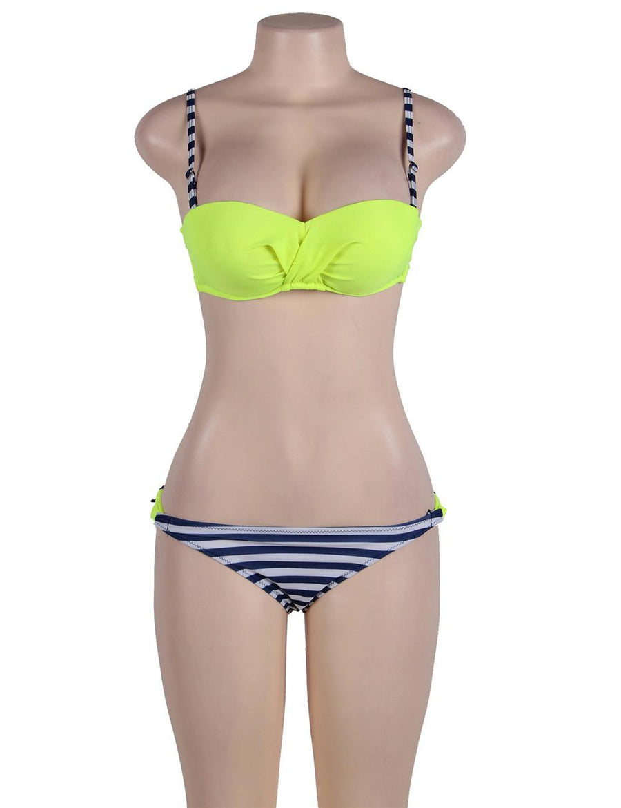 Striped Yellow Padded Gather Push-up Bikini Set