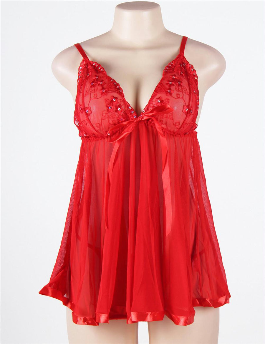 Red Sheer Lace Open Back Sexy Babydoll