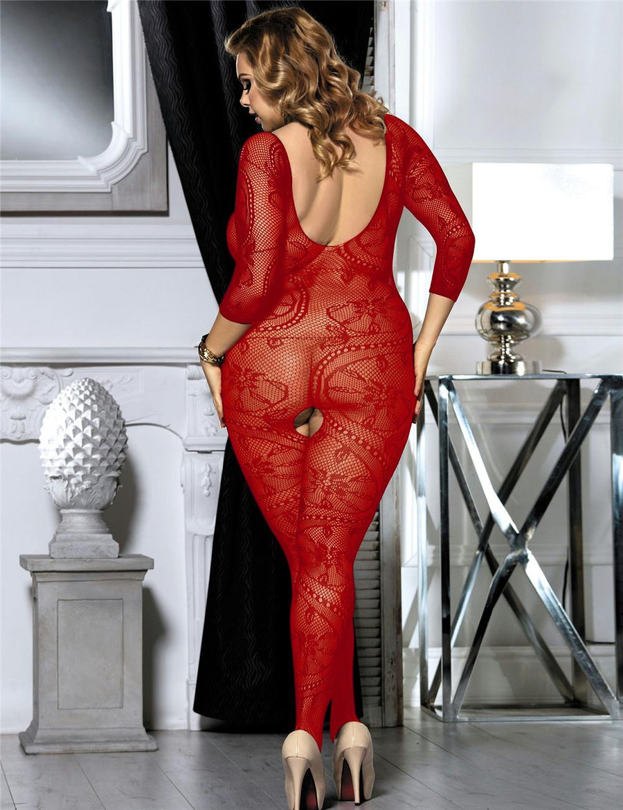 Plus Size Crotchless Floral Fishnet Red Bodystockings