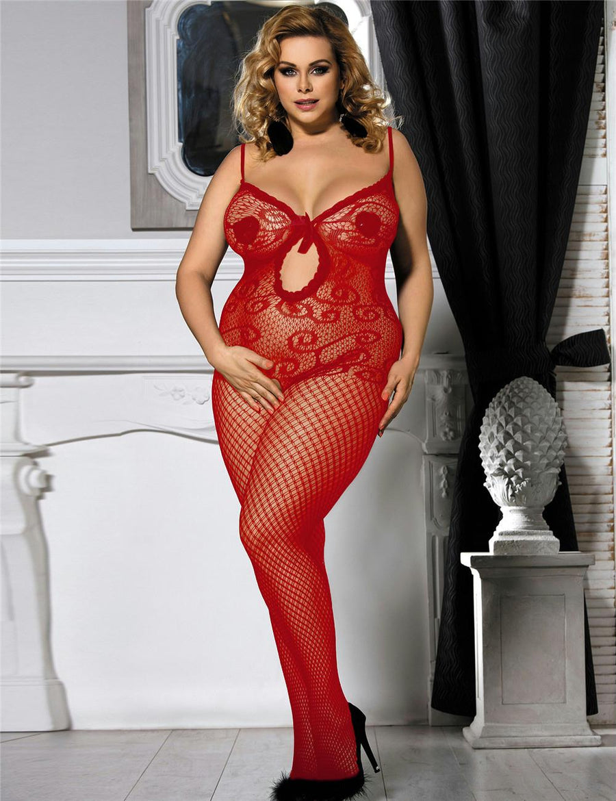 Plus Size Sexy Red Crocheted Fishnet Bodystockings