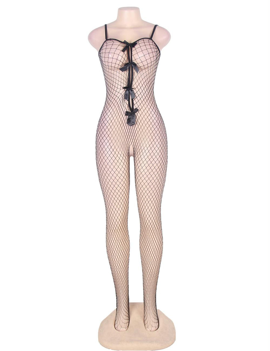 Plus Size Stretch Fishnet Crotchless Bowknot Bodystockings