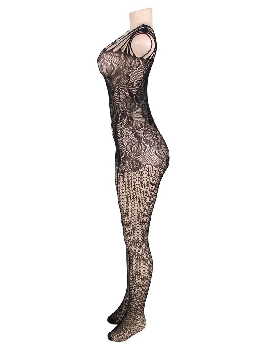 Black Strappy Shoulders Fishnet Bodystocking