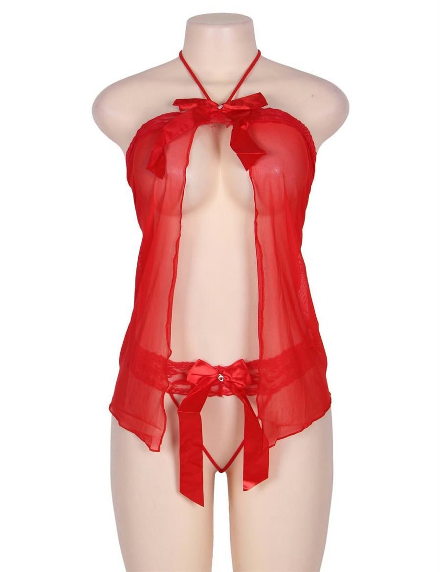 Sexy Red Halter Lace Trim Fly Away Babydoll With G String