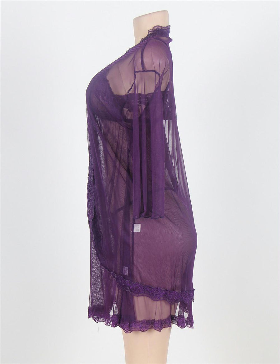 Purple Plus Size 3pc Transparent Lace Robe Lingerie