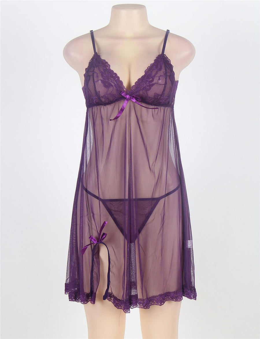 Purple Plus Size 3pc Transparent Lace Robe Lingerie