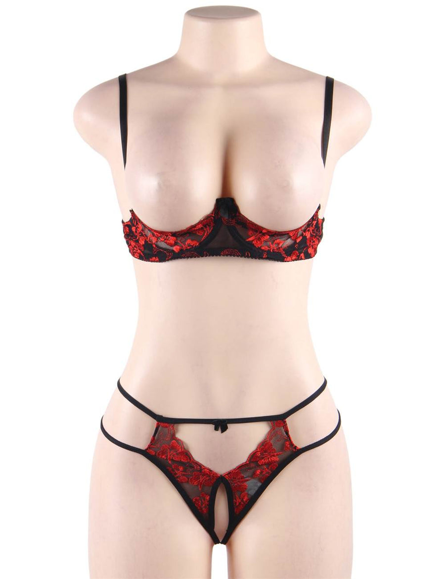 Red flower embroidery open bra