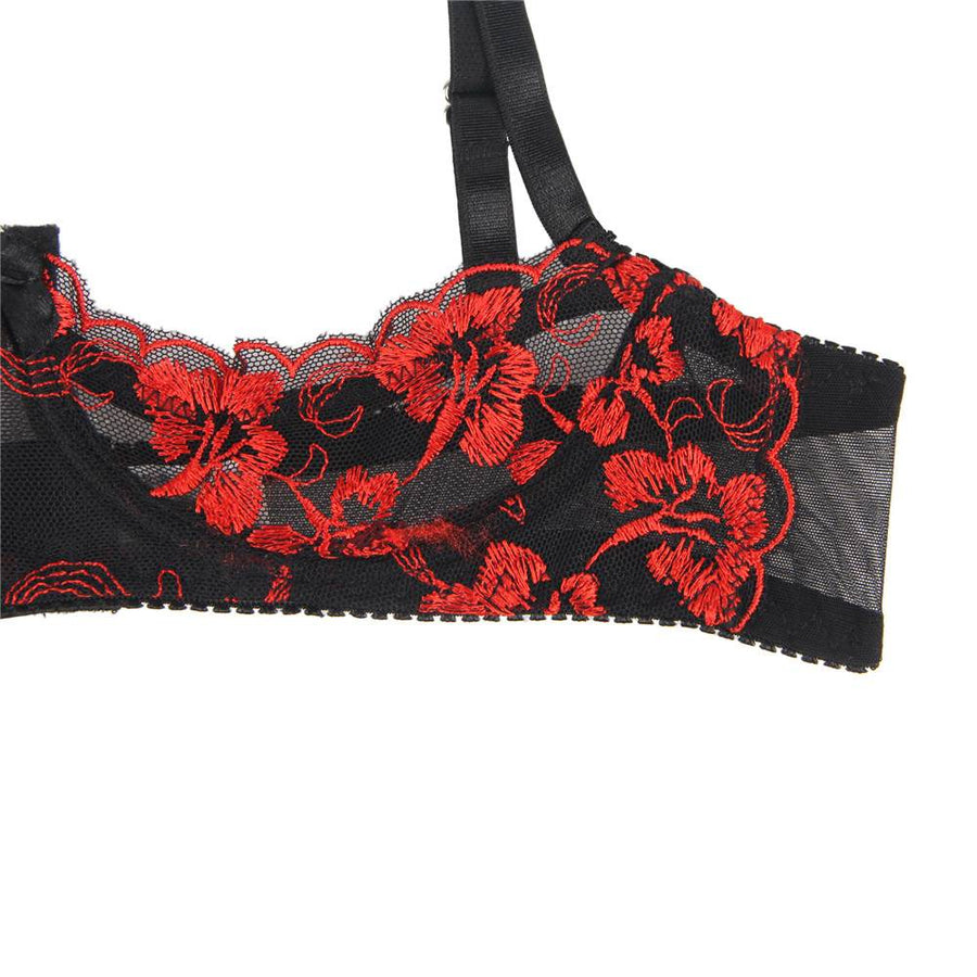 Red flower embroidery open bra