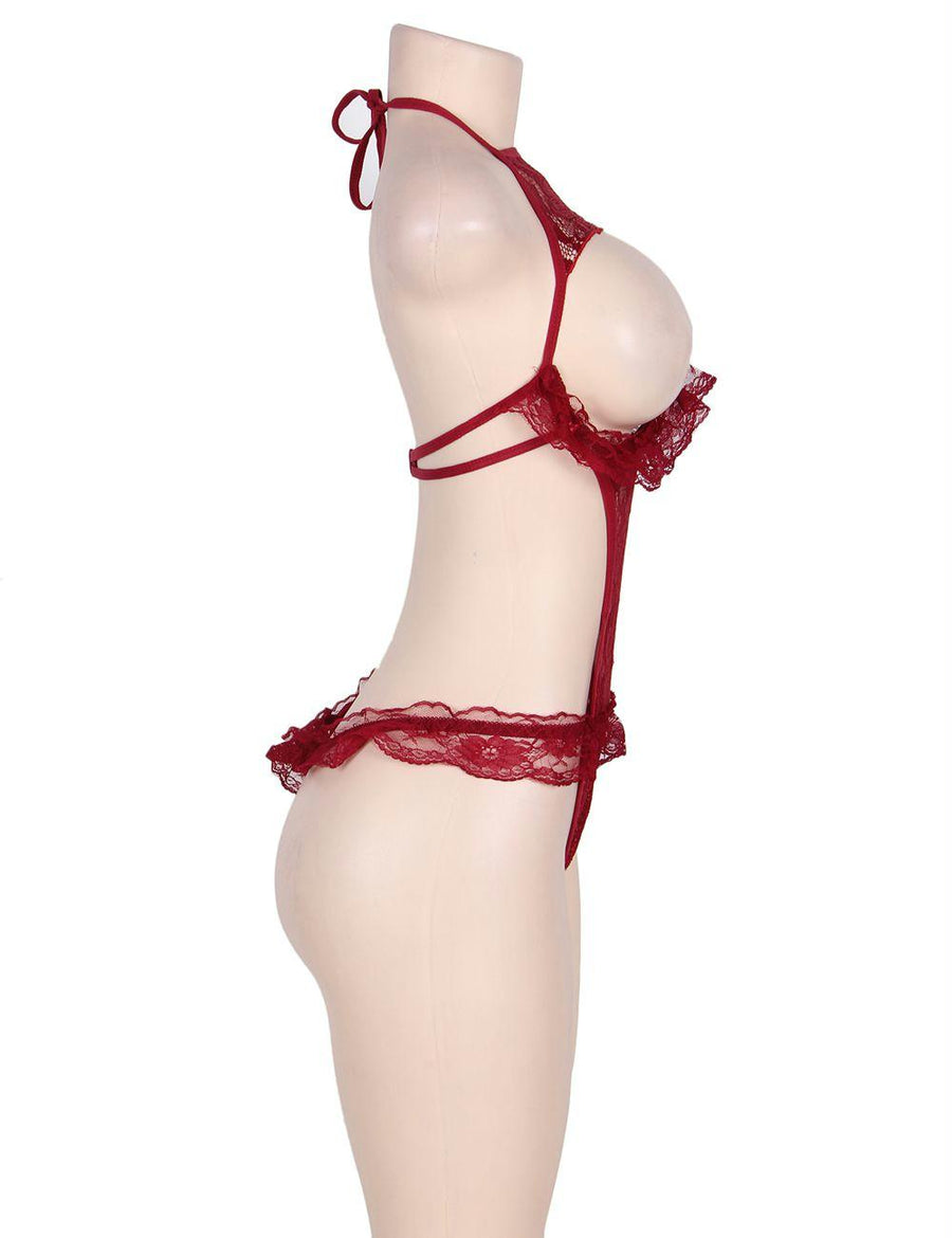 Red Lace Halter Babydoll Showing Nipples