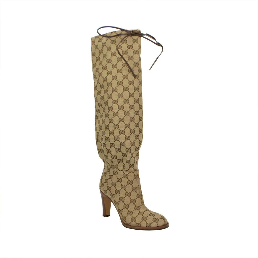 Women's Canvas 'Lisa' Monogram Boots Heels - Beige