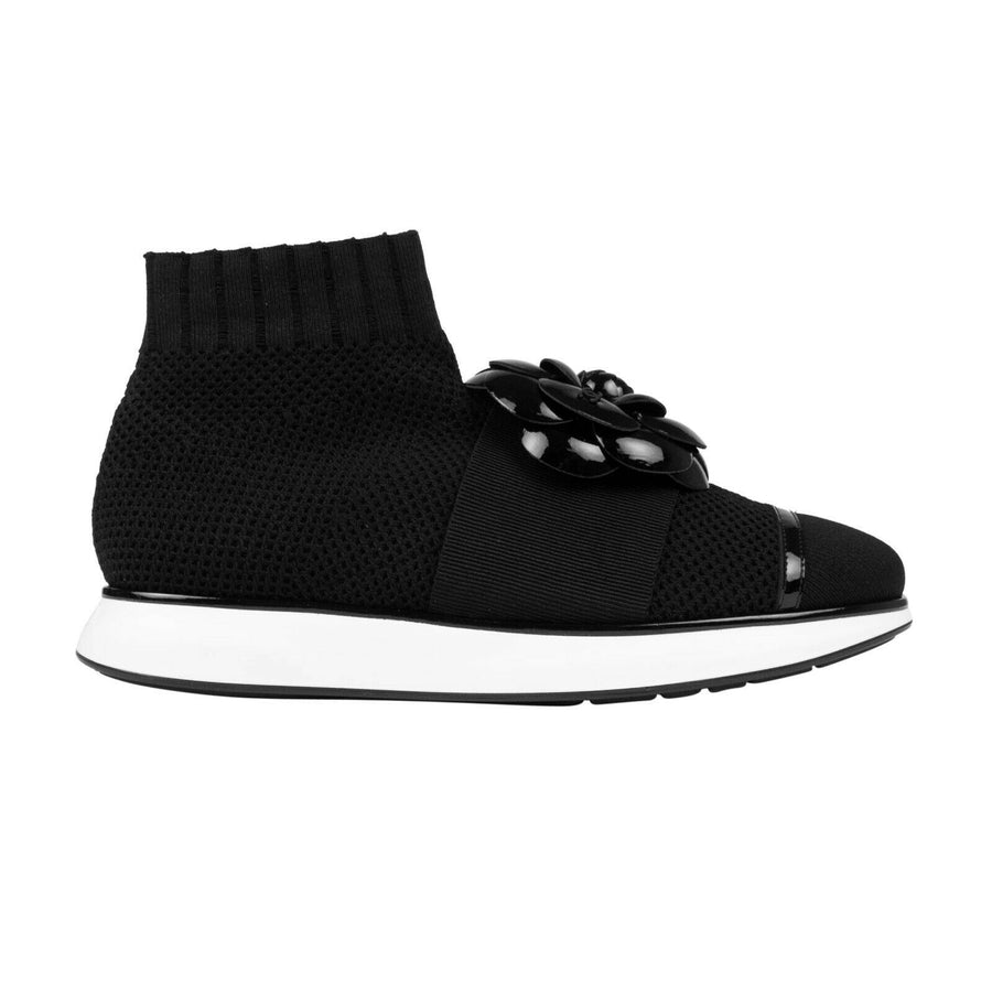 Knit And Patent Flower Sock Sneakers - Black