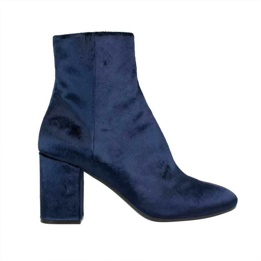 Velvet Block Heel Ankle Boots - Blue