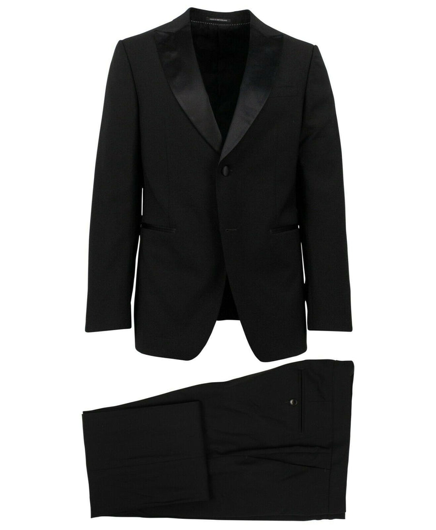 Wool Two Button Tuxedo Suit - Black