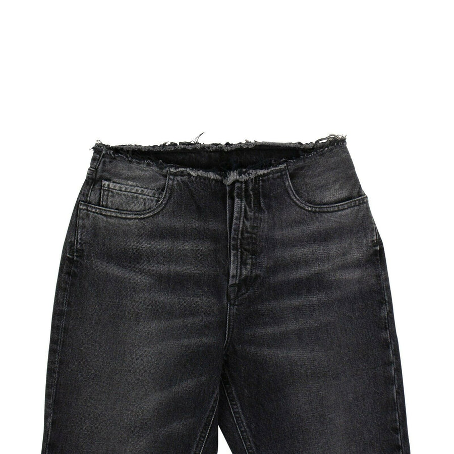 Cotton Frayed Tapered Jeans Pants - Black