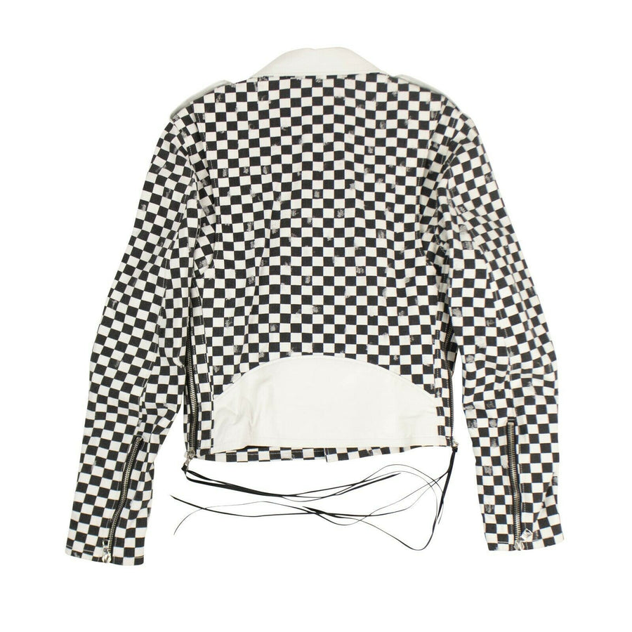 Checkered Denim Biker Jacket - Black / White