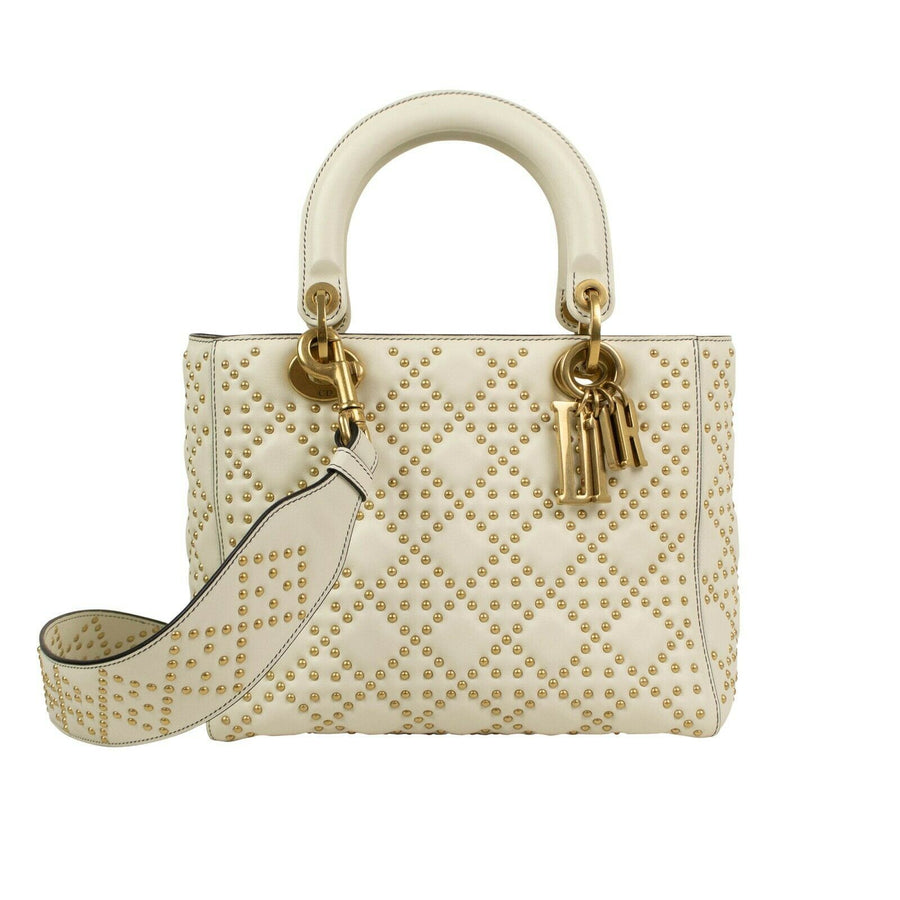 Medium Lady Dior Calfskin Leather Studded Shoulder Bag - White