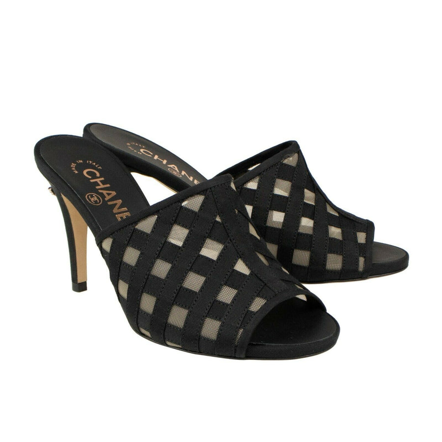 Mesh And Grosgrain Open Toe Heels Mules - Black / Beige