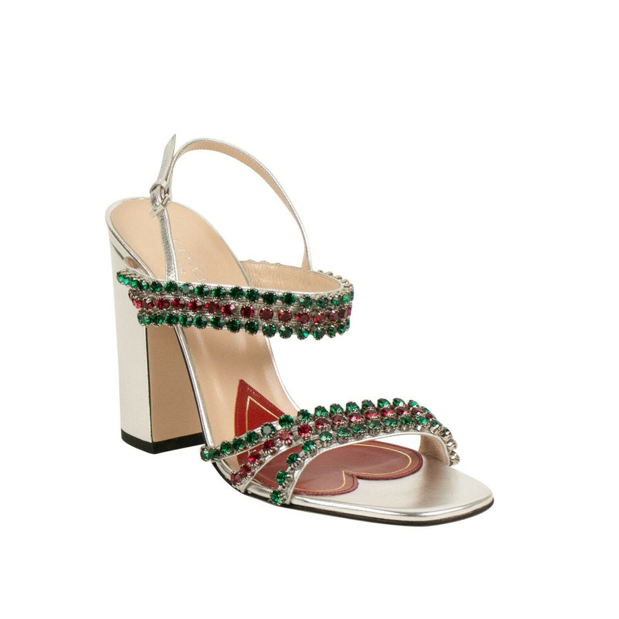 Women's Leather With Red And Green Crystals Sandals Pumps - Silver