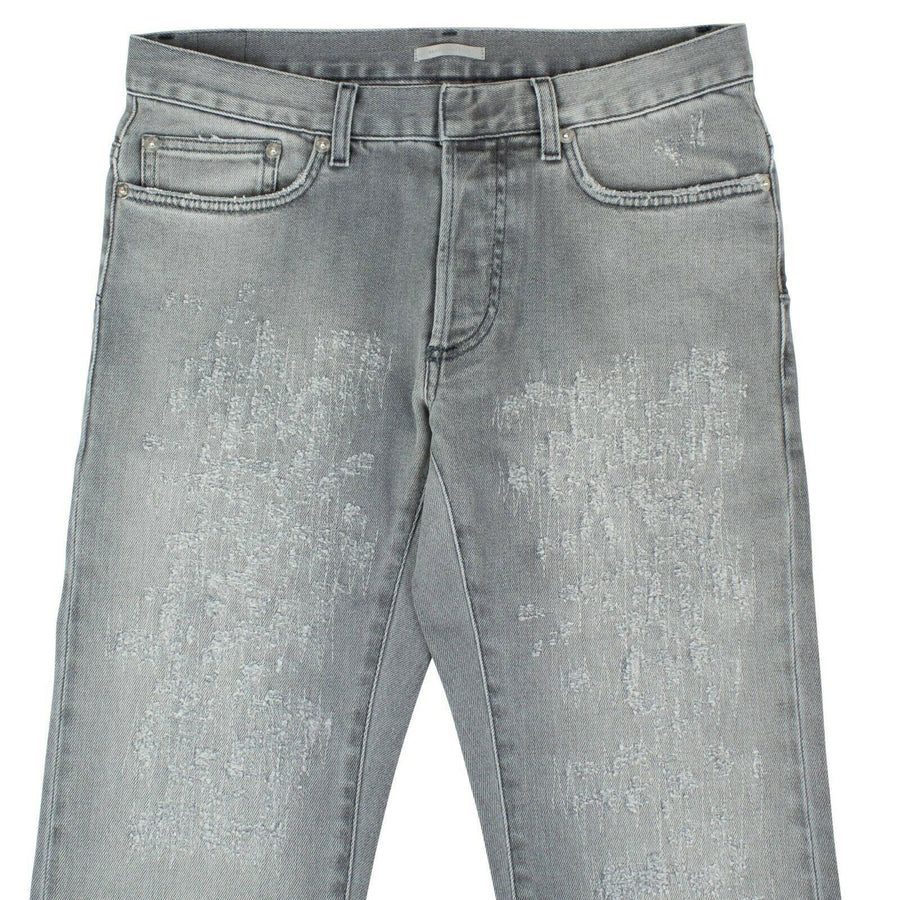 Faded Cotton Blend Distressed Jeans - Gray