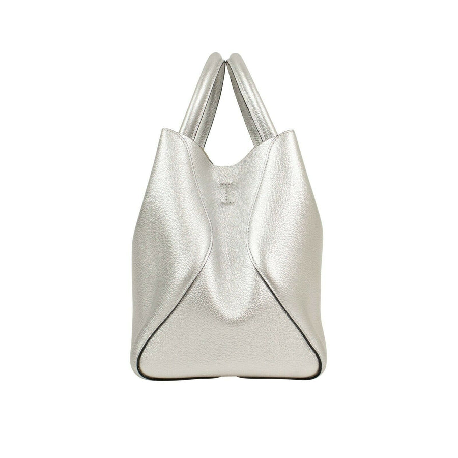 Grained Leather Open Barshopper Tote Bag - Silver