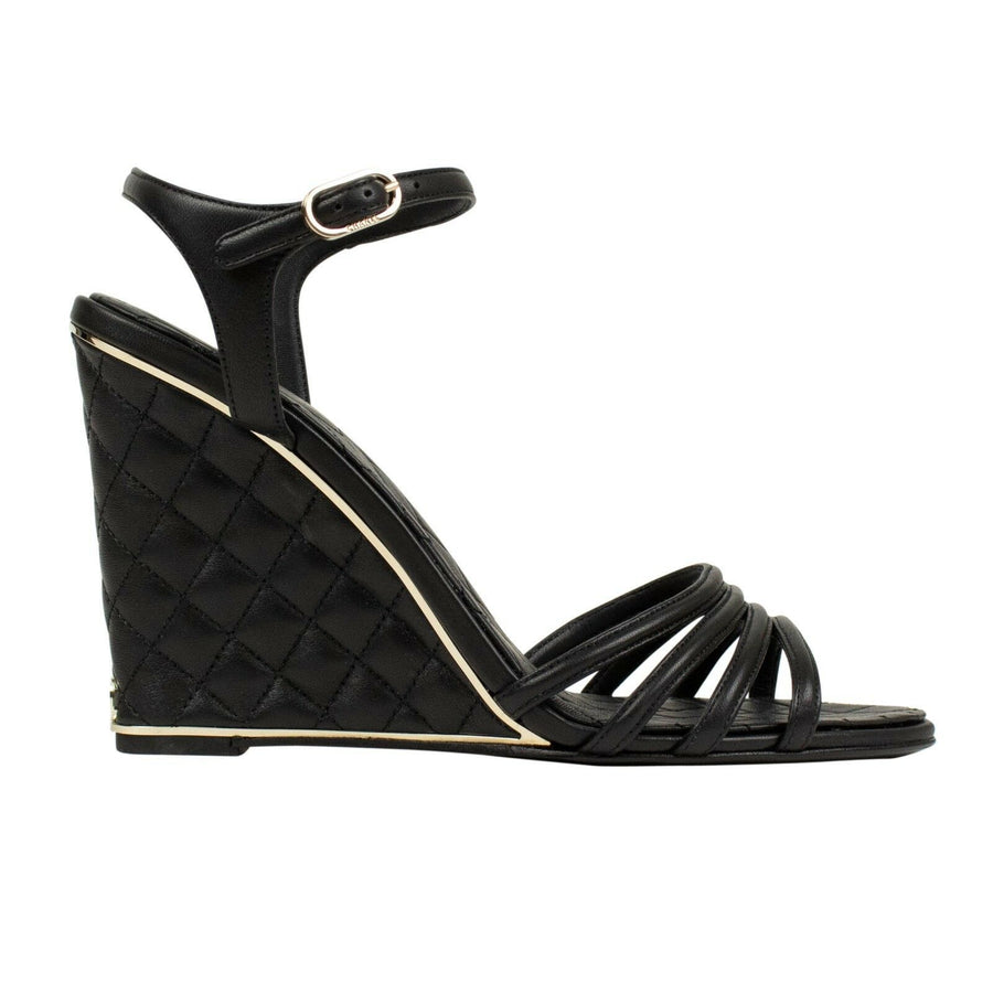 Leather Quilted Wedge Sandals - Black