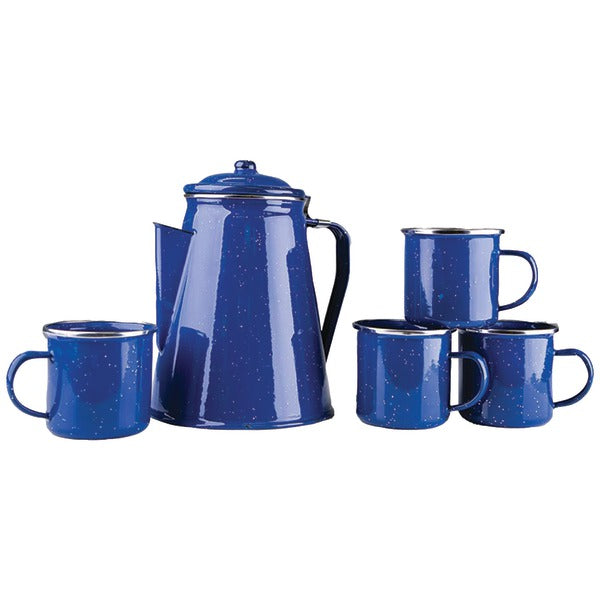 Enamel 8-Cup Coffee Pot with Percolator & Four 12oz Mugs