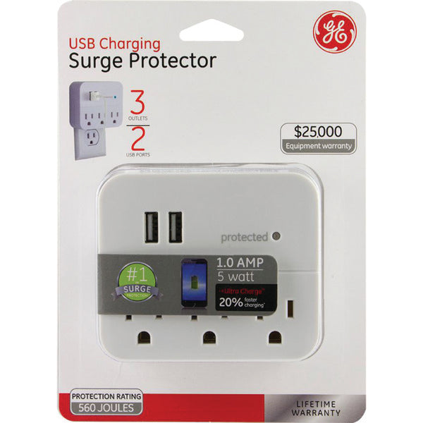 3-Outlet Surge Protector Wall Tap with 2 USB Ports