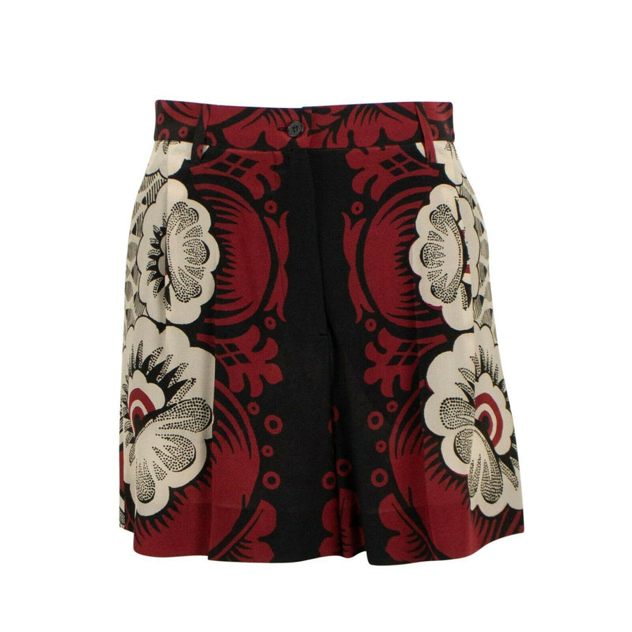 Multi-Color Printed Silk Pleated Front Shorts - Red / Beige