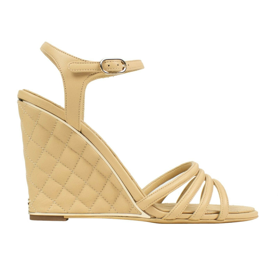 Leather Quilted Wedge Sandals - Beige