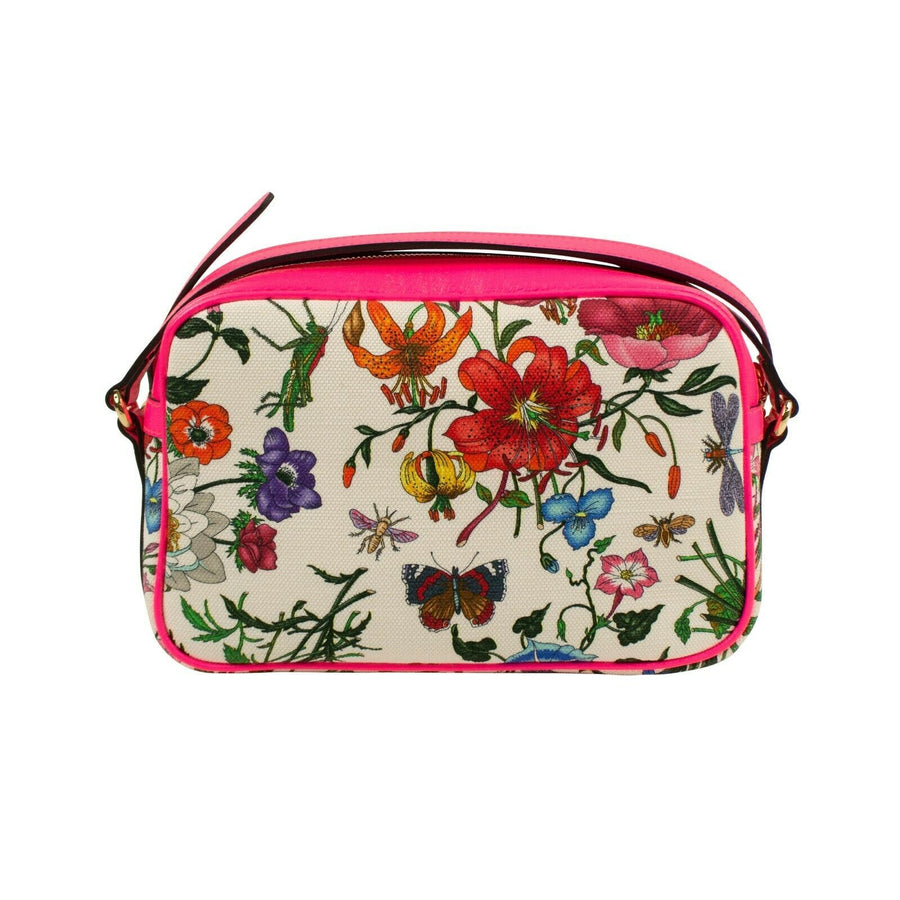 Canvas Leather Floral Print Small Shoulder Bag - Fuchsia Pink