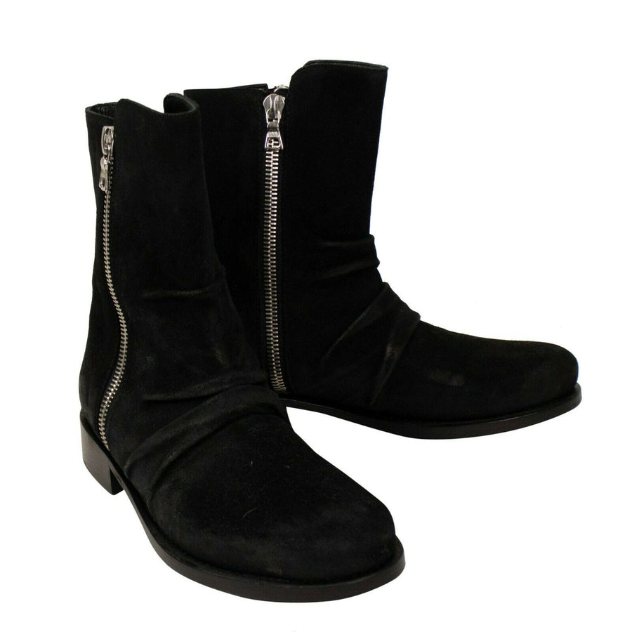 Suede Zippered Stack Boots - Black