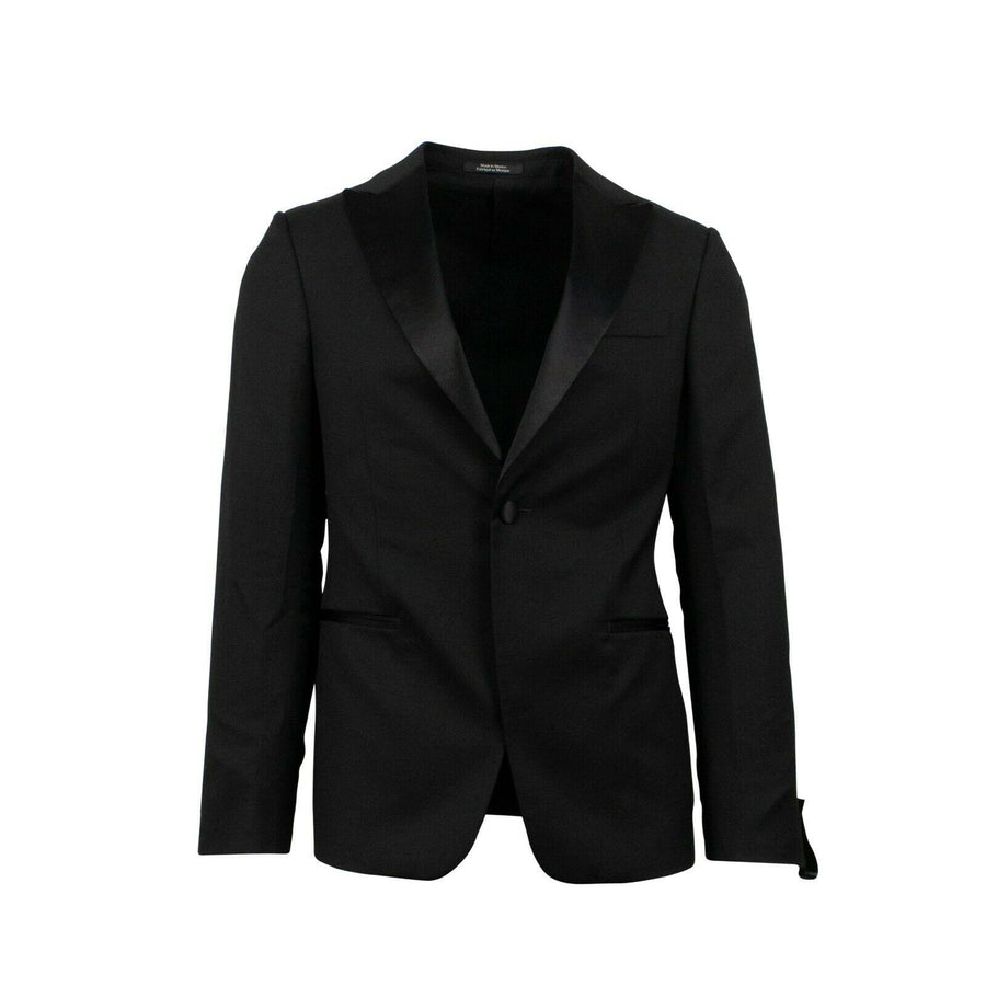 Wool One Button Tuxedo Suit - Black