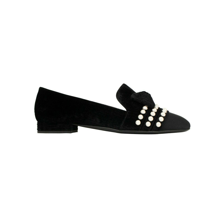 Velvet Logo Pearl And Bow Loafer Flats - Black