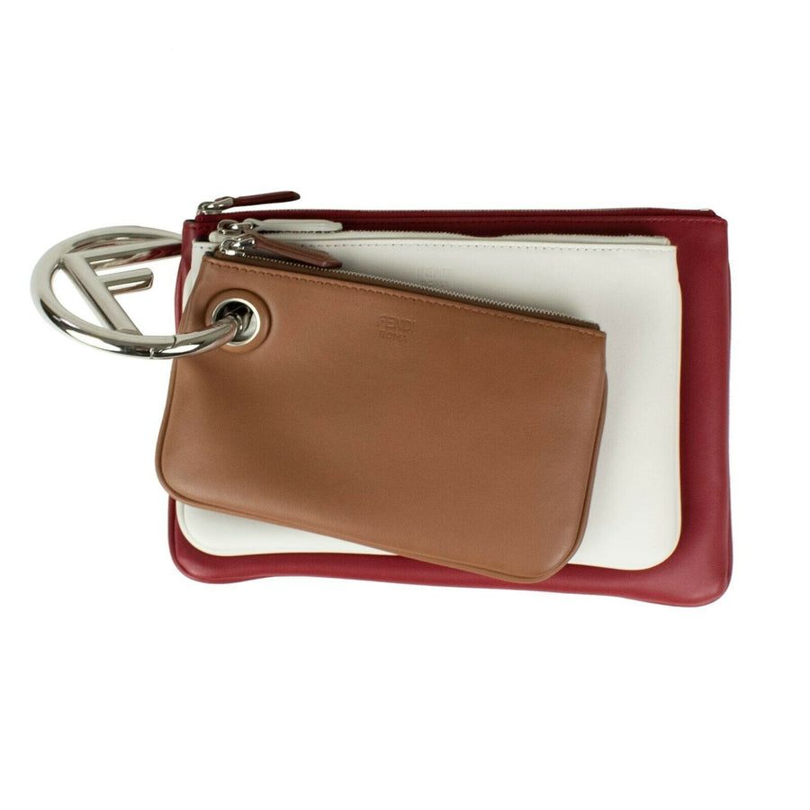 Leather Multi-Colored Triplette Pouch Clutch - Red / White / Tan