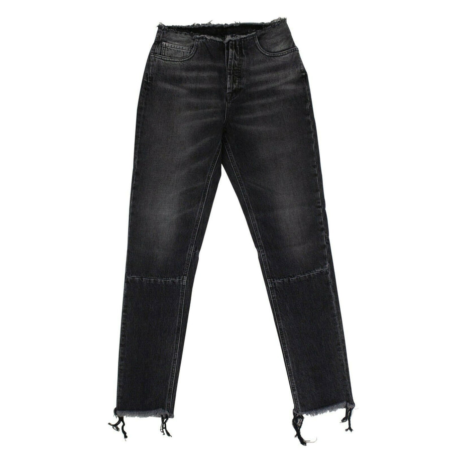 Cotton Frayed Tapered Jeans Pants - Black