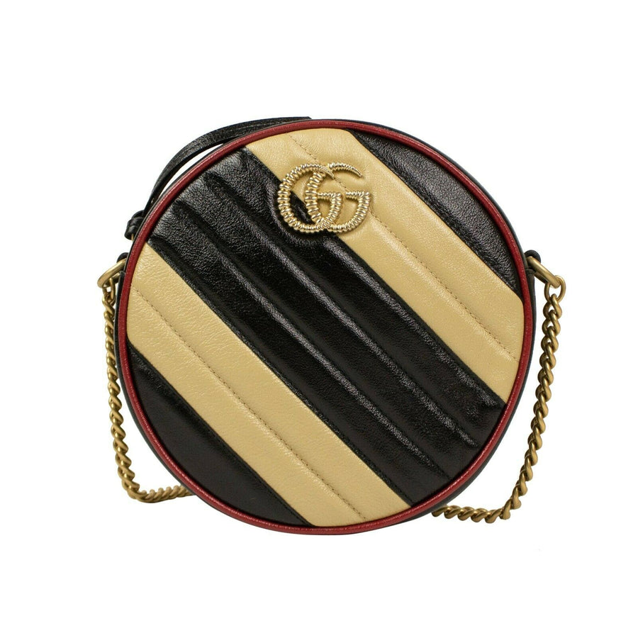 Striped Quilted GG Marmont Leather Mini Round Shoulder Bag - Beige / Black