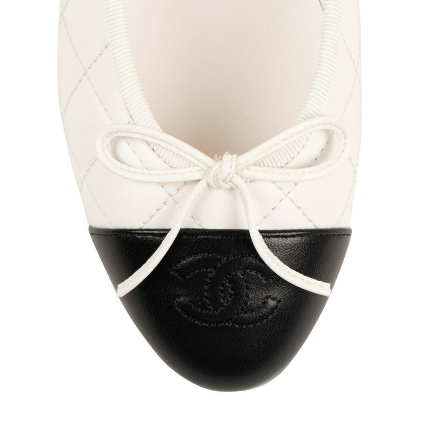 Quilted Leather Cap Toe Ballerina Flats - White