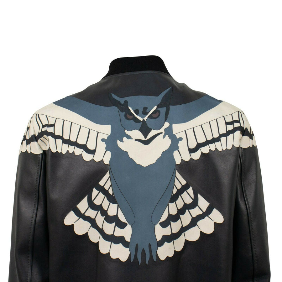 Owl Design Leather Jacket - Black / Blue