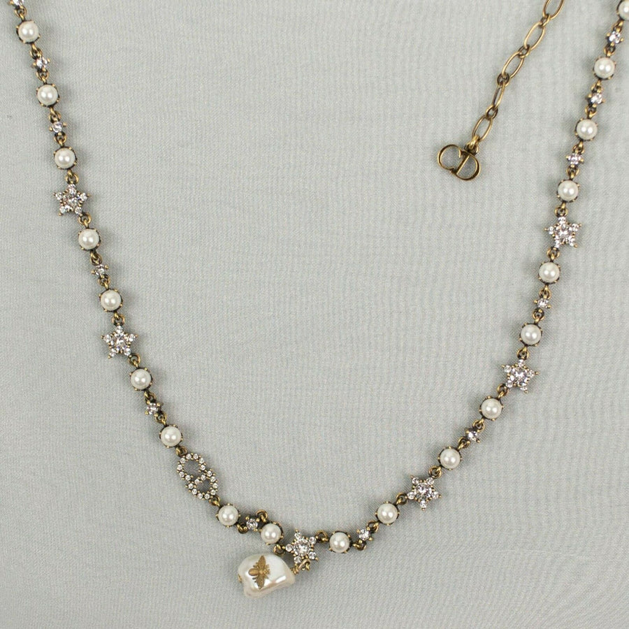 Antique Gold Pearl Bee & Star Choker Necklace