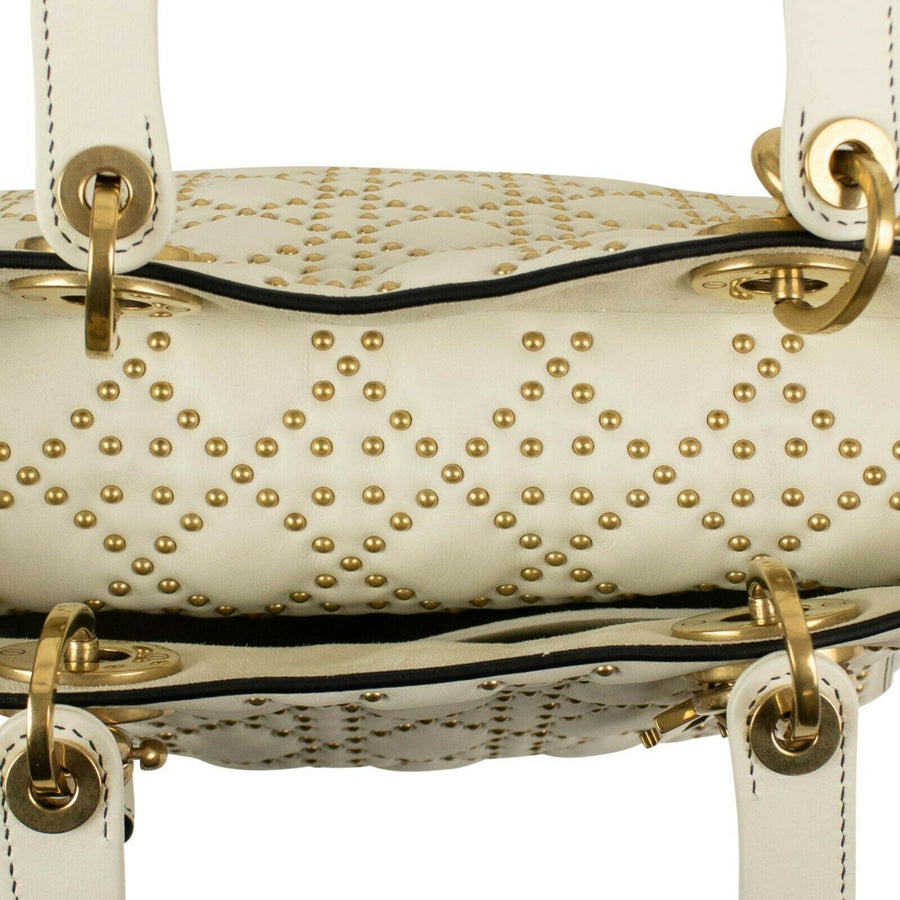 Medium Lady Dior Calfskin Leather Studded Shoulder Bag - White