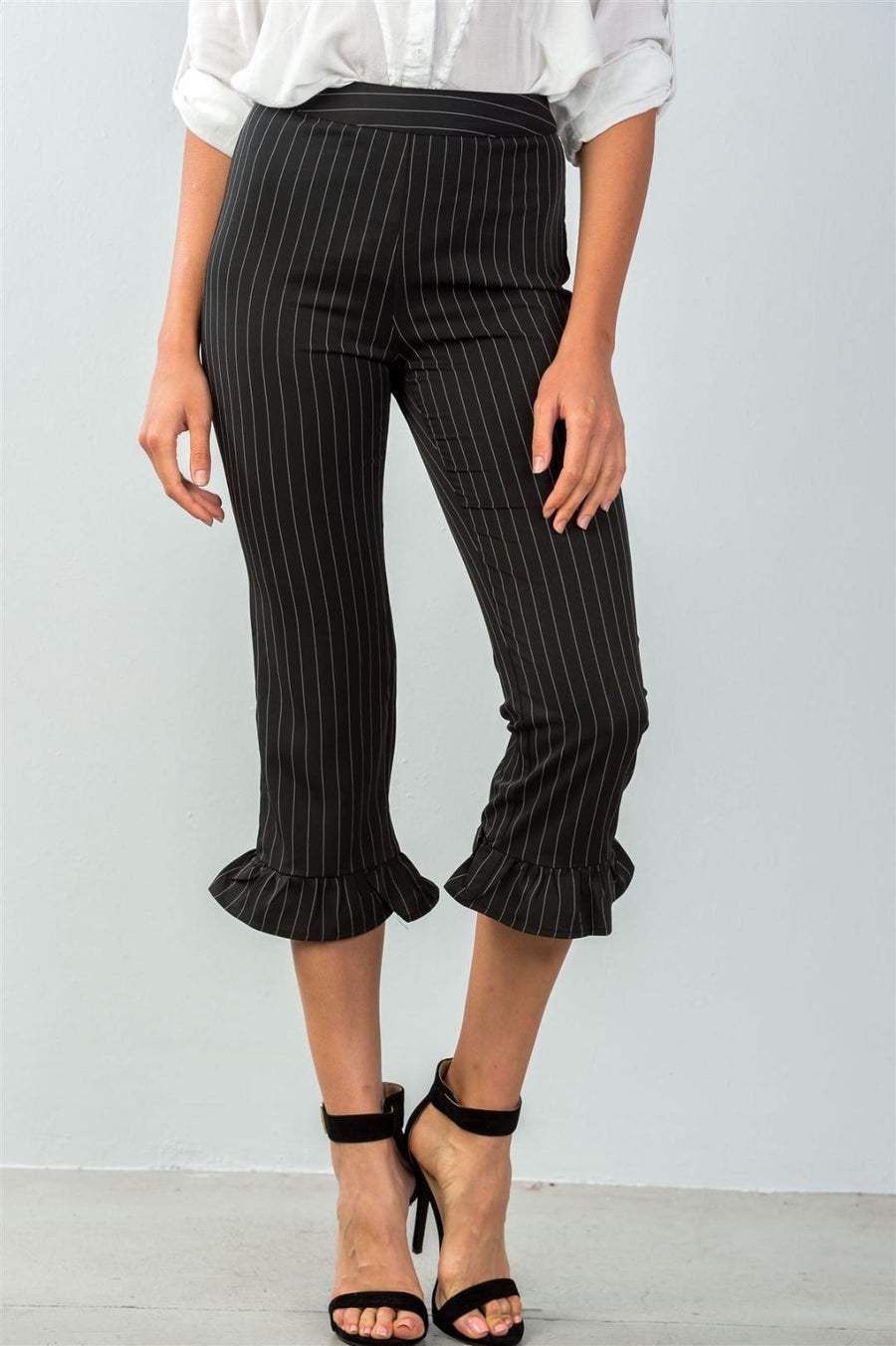 Ladies fashion all over pin stripes ruffle hem high waist culottes pants