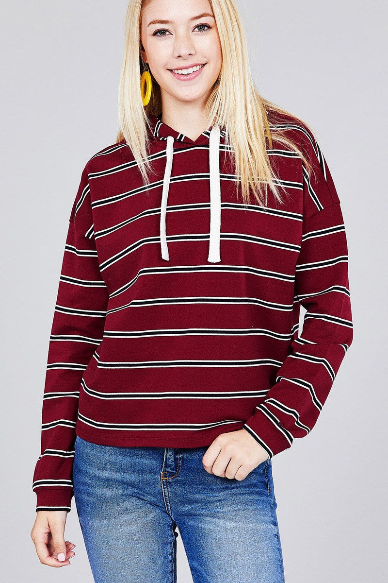 Ladies fashion plus size long sleeve hoodie w/drawstring stripe french terry top