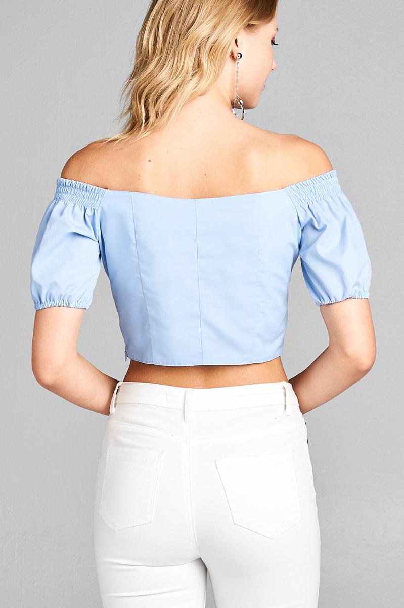 Ladies fashion short sleeve off the shoulder front eyelet w/string crop top