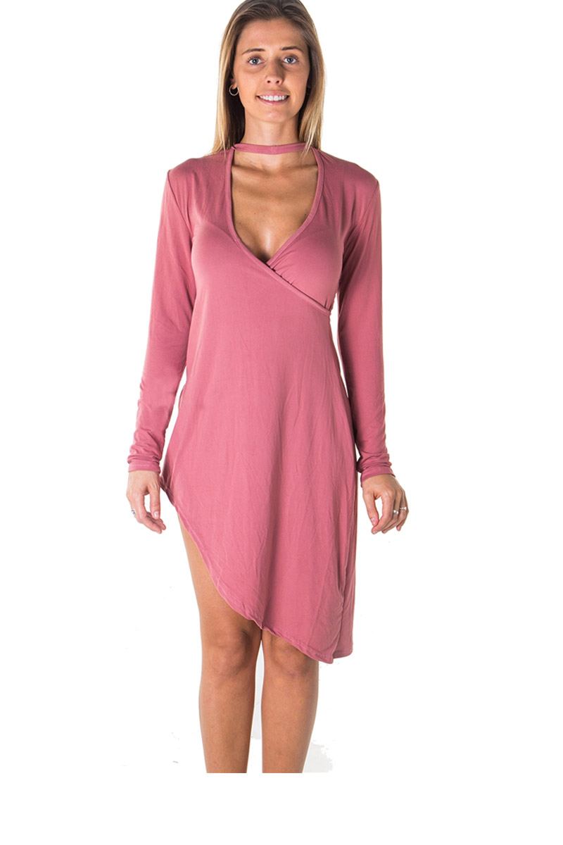 Ladies fashion choker asymmetric long sleeve mini dress