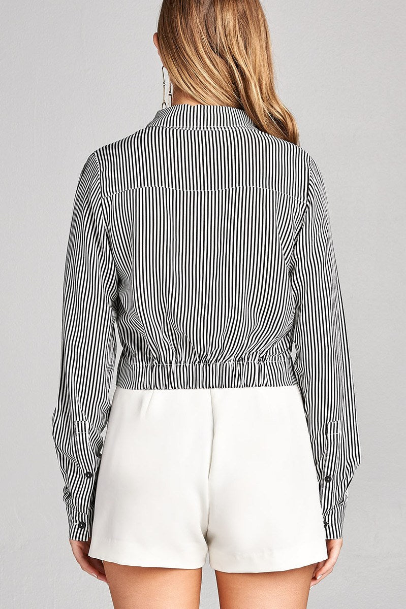 Ladies fashion long sleeve front knot w/button stripe rayon challis woven top