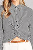 Ladies fashion long sleeve front knot w/button stripe rayon challis woven top