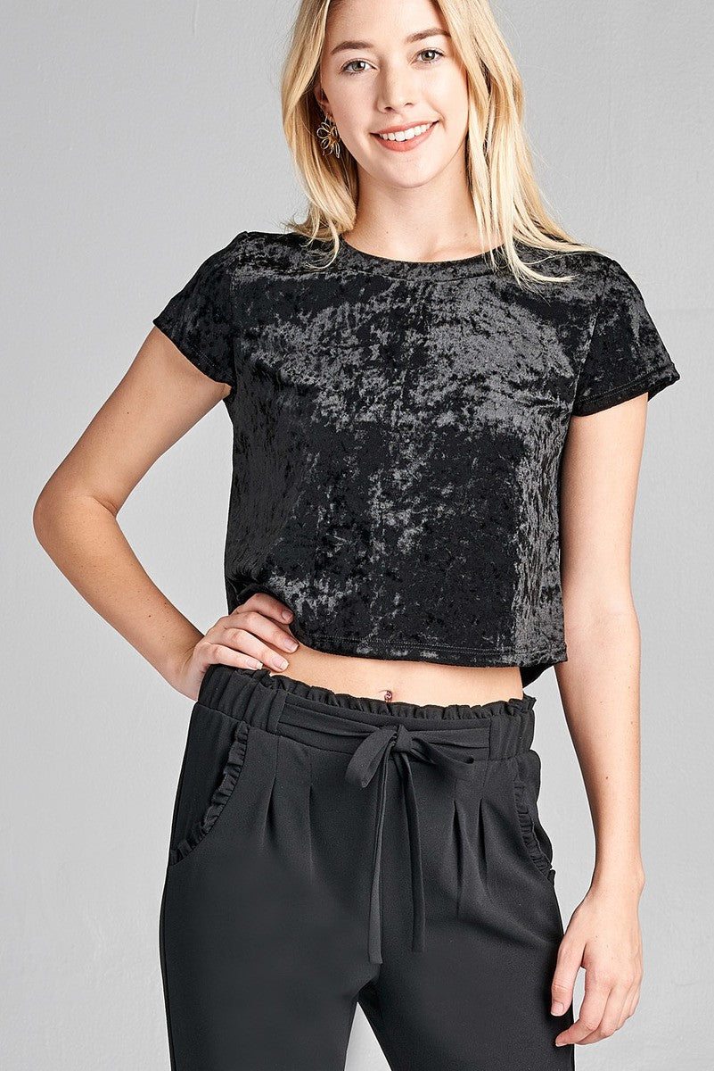 Ladies fashion short sleeve round neck ice velvet crop top