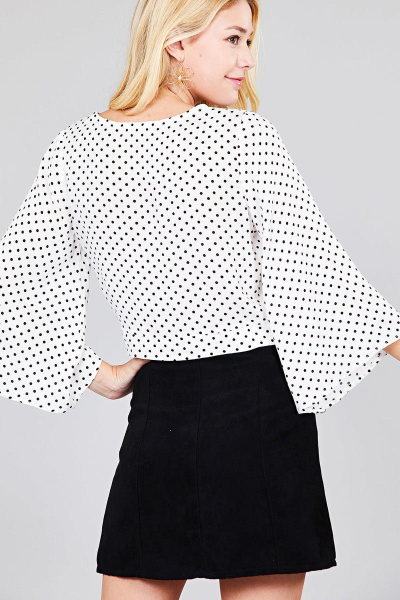 Ladies fashion plus size 3/4 bell sleeve v-neck w/button front tie detail dot printed crinkle gauze woven top