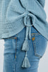 Ladies fashion vintage blue drawstring tassel-tie sides top