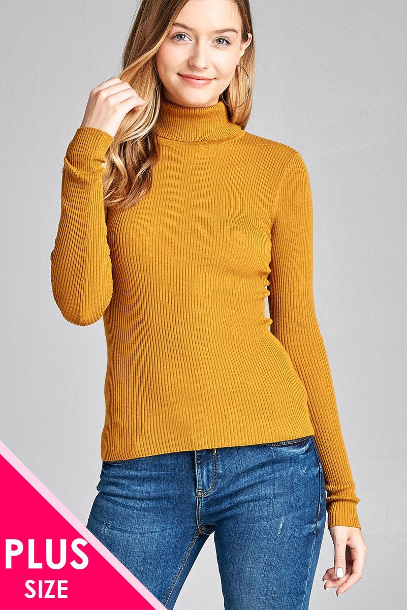 Ladies fashion plus size long sleeve turtle neck fitted rib sweater top